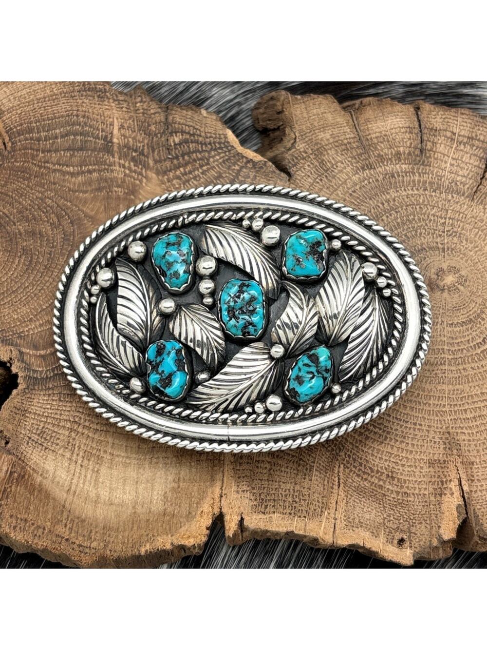 1980s Native American NAVAJO Sterling & Turquoise Nuggets Belt Buckle Leaves
